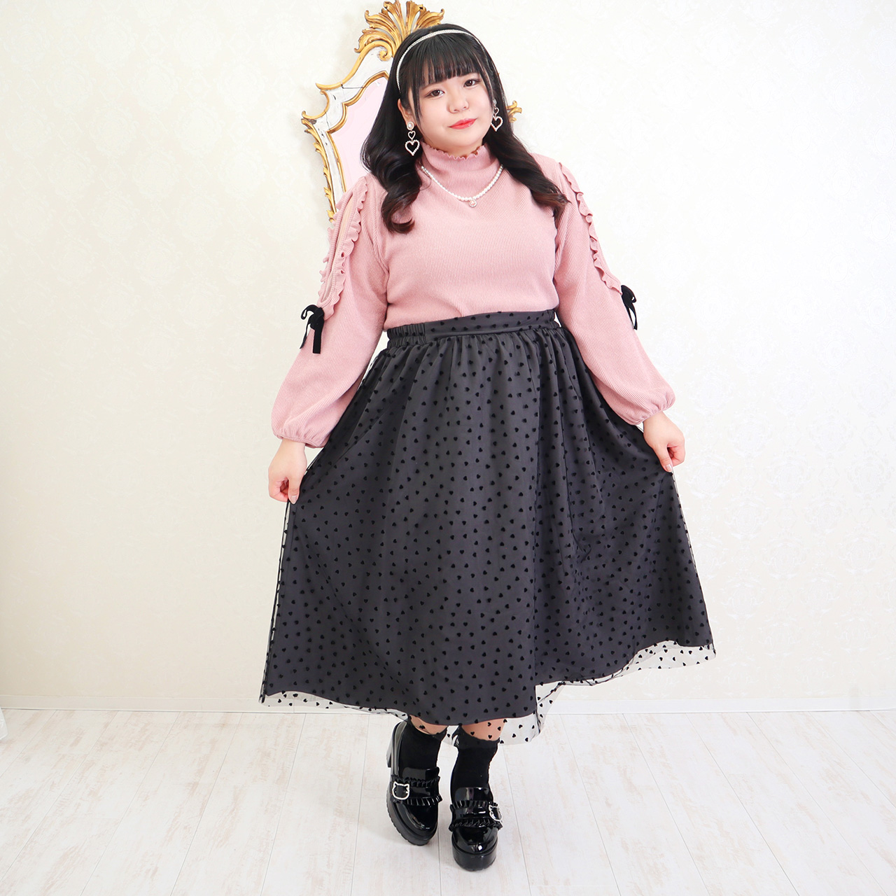 ラブリーハートドット柄スカート/（ワンサイズ/3L-4L-5L-6L相当)/Taberunosky（タベルノスキー）